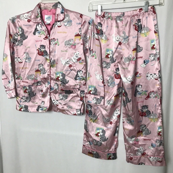 Nick & Nora Other - Nick & Nora Girl's Kittens Pajama Set Pink Size 7-8 Medium Satin Button Front